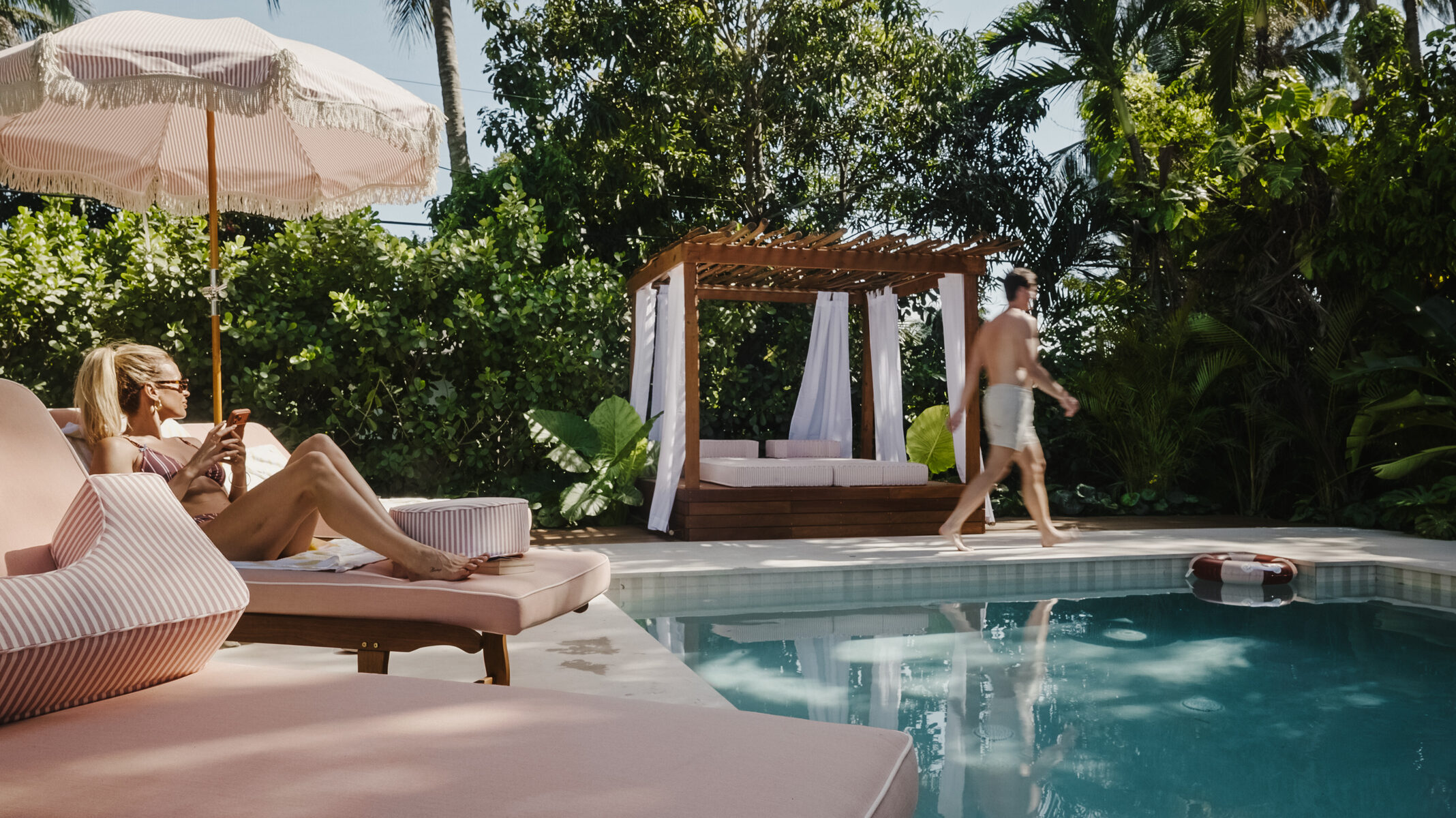 Loungers and umbrella at golden hour